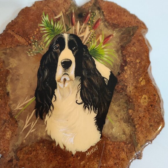 Hand Painted Agate Slab Art Of English Springer Spaniel Portrait 8x7" Signed - Picture 1 of 11